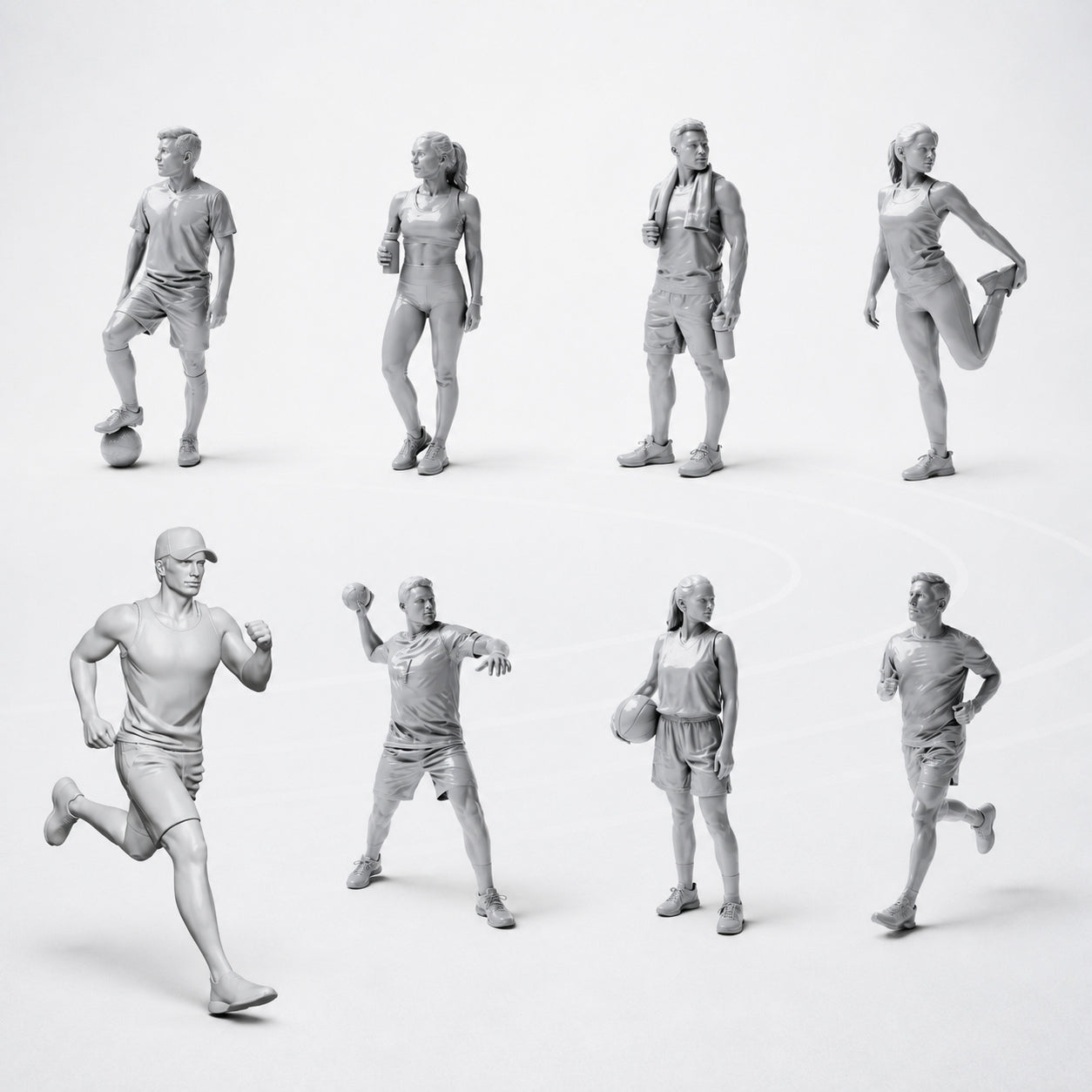 Set de figurines Sport, loisirs et athlètes - 8 figurines en résine non peintes en vue ouverte