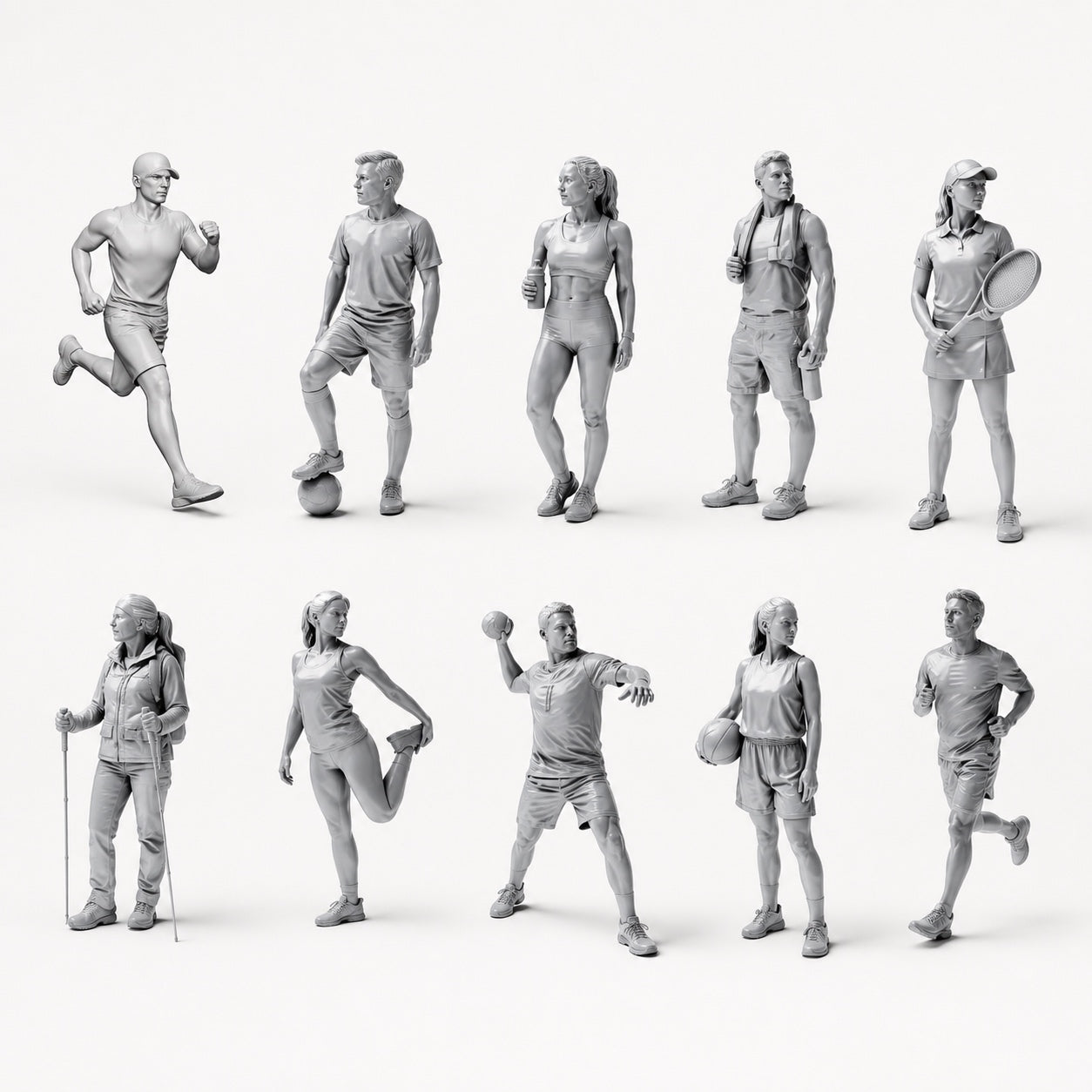 Sport, loisirs et athlètes - 10 figurines en résine non peintes présentées ouvertement