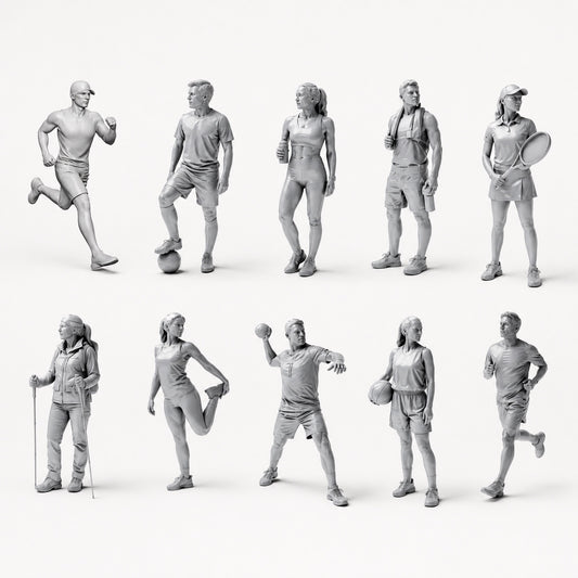Sport, loisirs et athlètes - 10 figurines en résine non peintes présentées ouvertement
