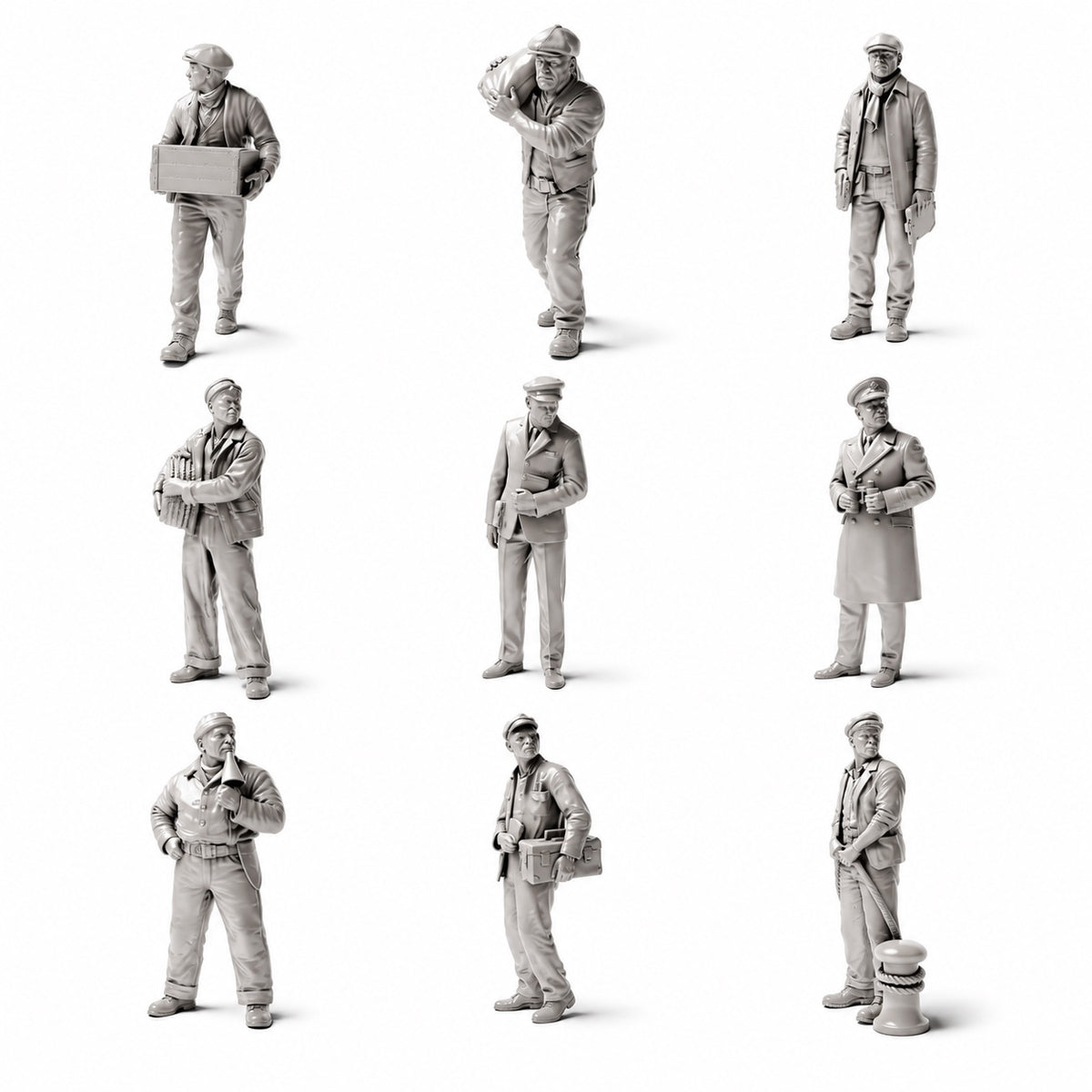 Dockers et ouvriers portuaires historiques - 9 figurines en résine non peintes en vue d’ensemble ouverte