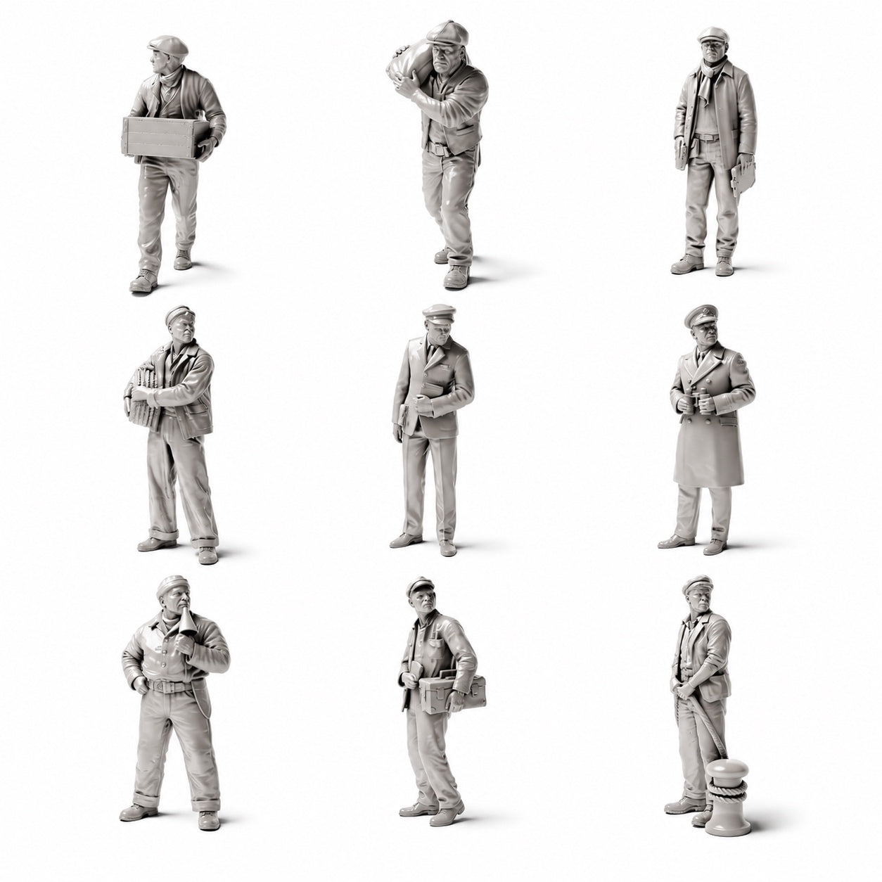 Dockers et ouvriers portuaires historiques - 9 figurines en résine non peintes en vue d’ensemble ouverte