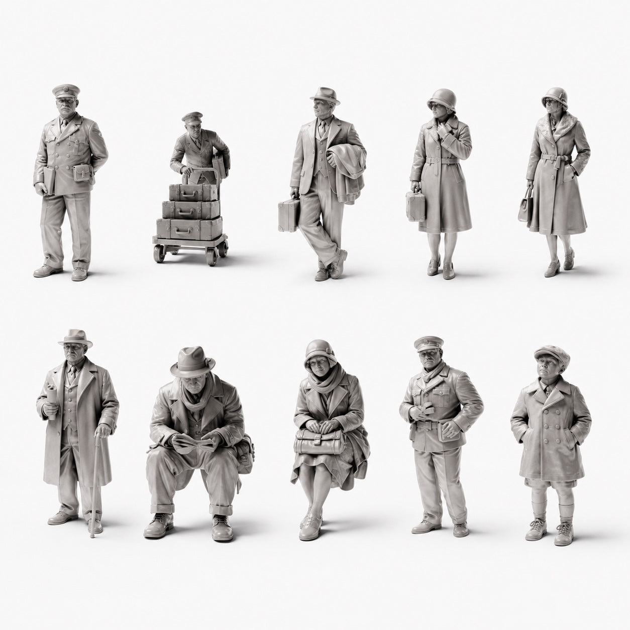 Figurines historiques de gare et de chemin de fer - 10 figurines en résine non peintes en présentation ouverte