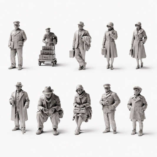 Figurines historiques de gare et de chemin de fer - 10 figurines en résine non peintes en présentation ouverte