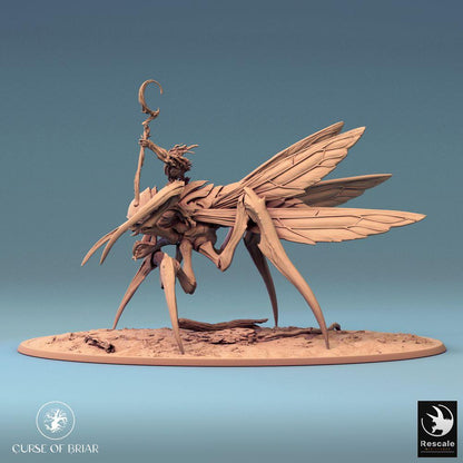 Photo de produit Tabletop 28mm Lord of the Print (LotP) 0 : Miniature Tabletop : Cavalier insecte sur mante religieuse, sorcière de nuée/chaman de peste avec bâton, boss de la cavalerie mantis (24_07_D1)