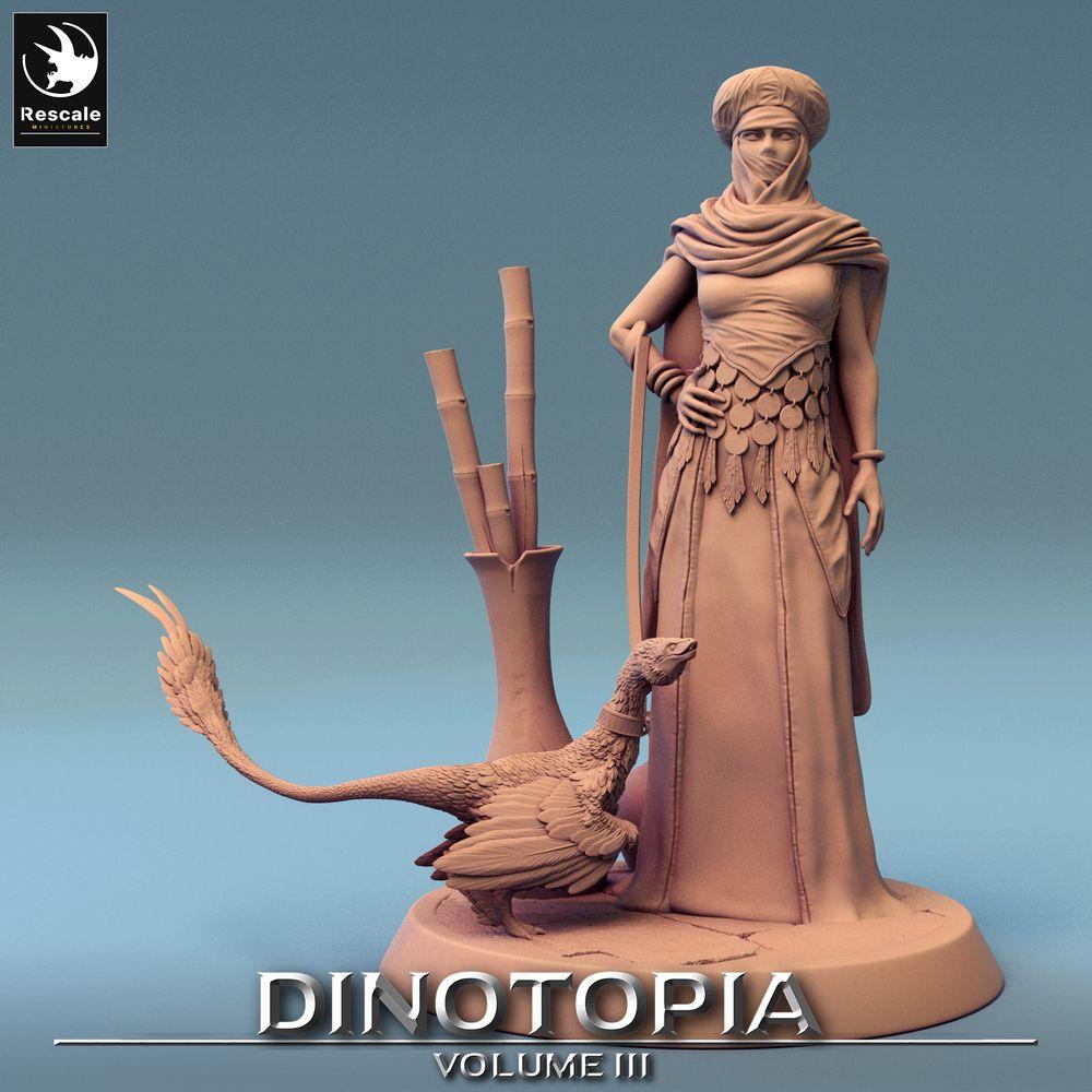 Photo de produit Tabletop 28mm Lord of the Print (LotP) 0 : Figurine Fantasy : Nomade du désert et Maîtresse des bêtes avec dinosaure à plumes - Ranger, Cheffe de tribu, Éclaireuse (24_06_E13)