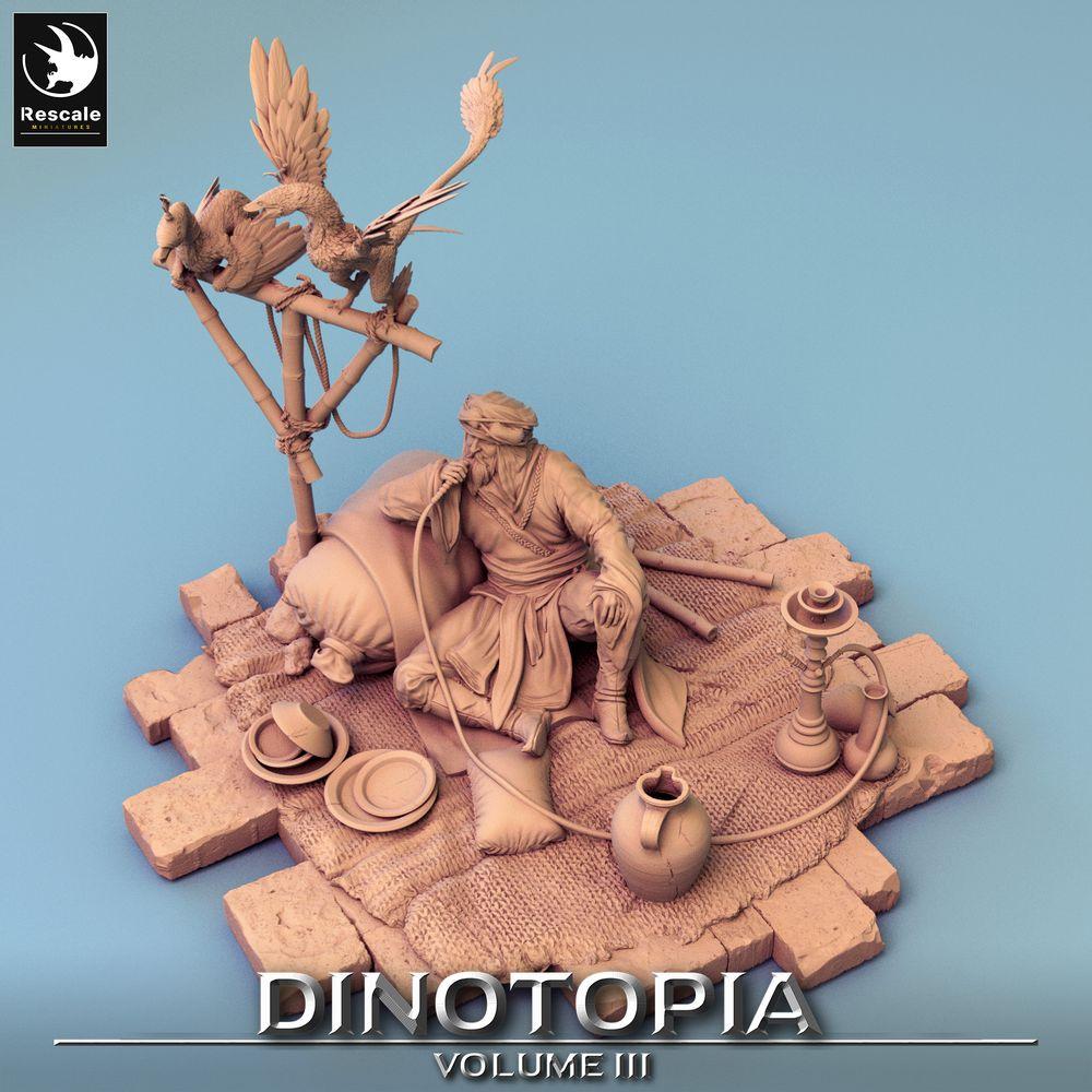 Photo de produit Tabletop 28mm Lord of the Print (LotP) 0 : Figurine Fantasy : Marchand du désert et maître des bêtes, chef de caravane nomade - reposant avec une pipe à eau et des lézards plumés (24_06_E27)