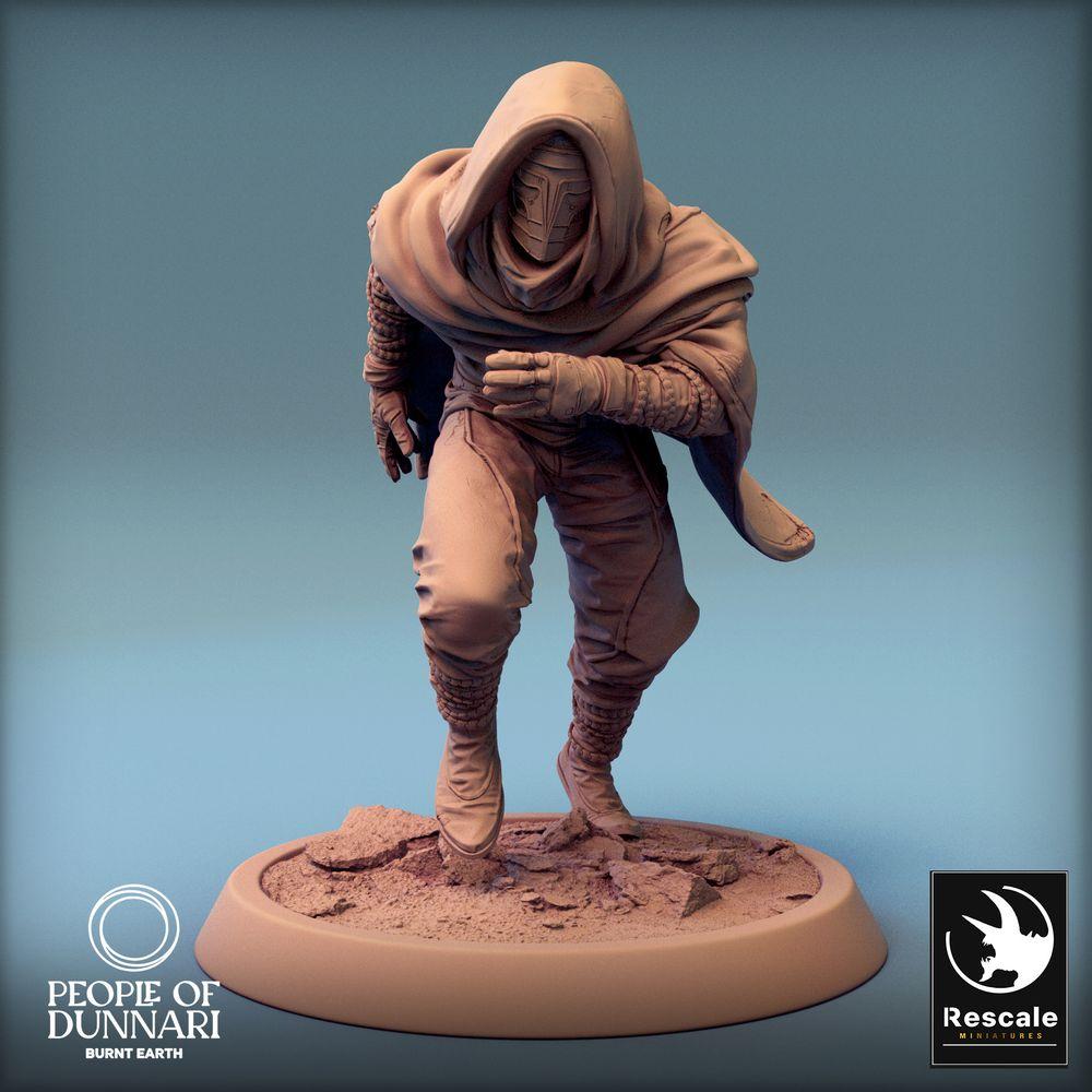 Photo de produit Tabletop 28mm Lord of the Print (LotP) 0 : Miniature Tabletop : Assassine du désert et Coureur des ombres, Voleur en posture de course avec capuche et manteau (24_03_C3)