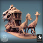 Photo de produit Tabletop 28mm Lord of the Print (LotP) 0 : Ensemble de miniatures Tabletop : Chariot de guerre nomade, chariot de guerre tiré par des bêtes avec plateforme, chef de caravane/Manipulateur de bêtes et deux animaux de trait exotiques (24_03_L)