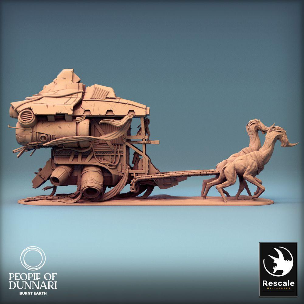 Image de produit Tabletop 28mm Lord of the Print (LotP) 0 : Ensemble de miniatures Tabletop : Chariot de guerre de la caravane nomade, chariot de guerre tiré par des bêtes avec plateforme, chef de caravane/maître des bêtes et deux animaux de trait exotiques (24_03_L)