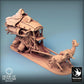 Photo de produit Tabletop 28mm Lord of the Print (LotP) 0 : Ensemble de miniatures Tabletop : Chariot de guerre de la caravane nomade, chariot de guerre tiré par des bêtes avec plateforme, chef de caravane/maître des bêtes et deux animaux de trait exotiques (24_03_L)
