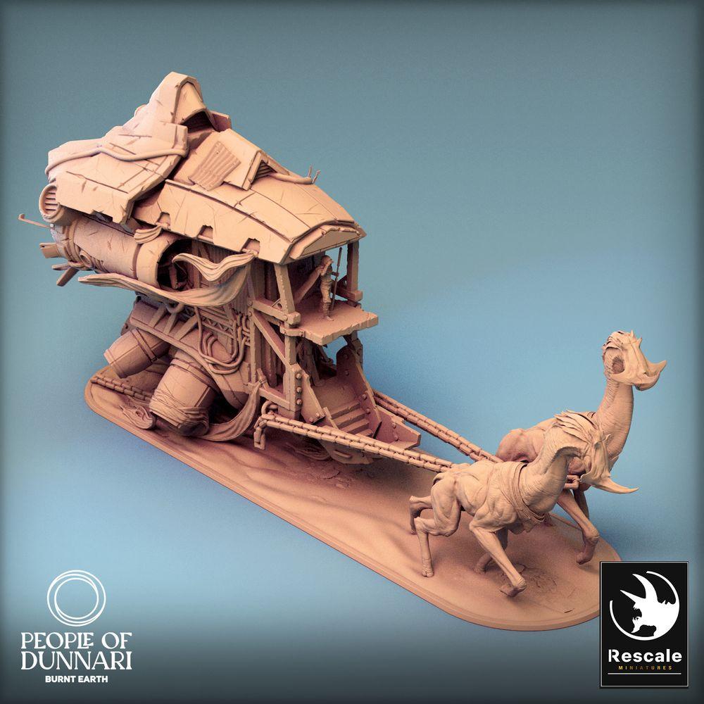 Photo de produit Tabletop 28mm Lord of the Print (LotP) 0 : Ensemble de miniatures Tabletop : Chariot de guerre de la caravane nomade, chariot de guerre tiré par des bêtes avec plateforme, chef de caravane/maître des bêtes et deux animaux de trait exotiques (24_03_L)