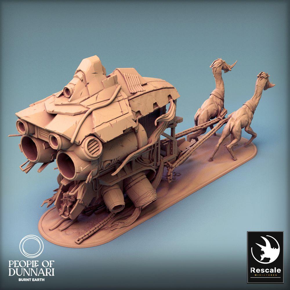 Image de produit Tabletop 28mm Lord of the Print (LotP) 0 : Ensemble de miniatures Tabletop : Chariot de guerre de la caravane nomade, chariot de guerre tiré par des bêtes avec plateforme, chef de caravane/maître des bêtes et deux animaux de trait exotiques (24_03_L)