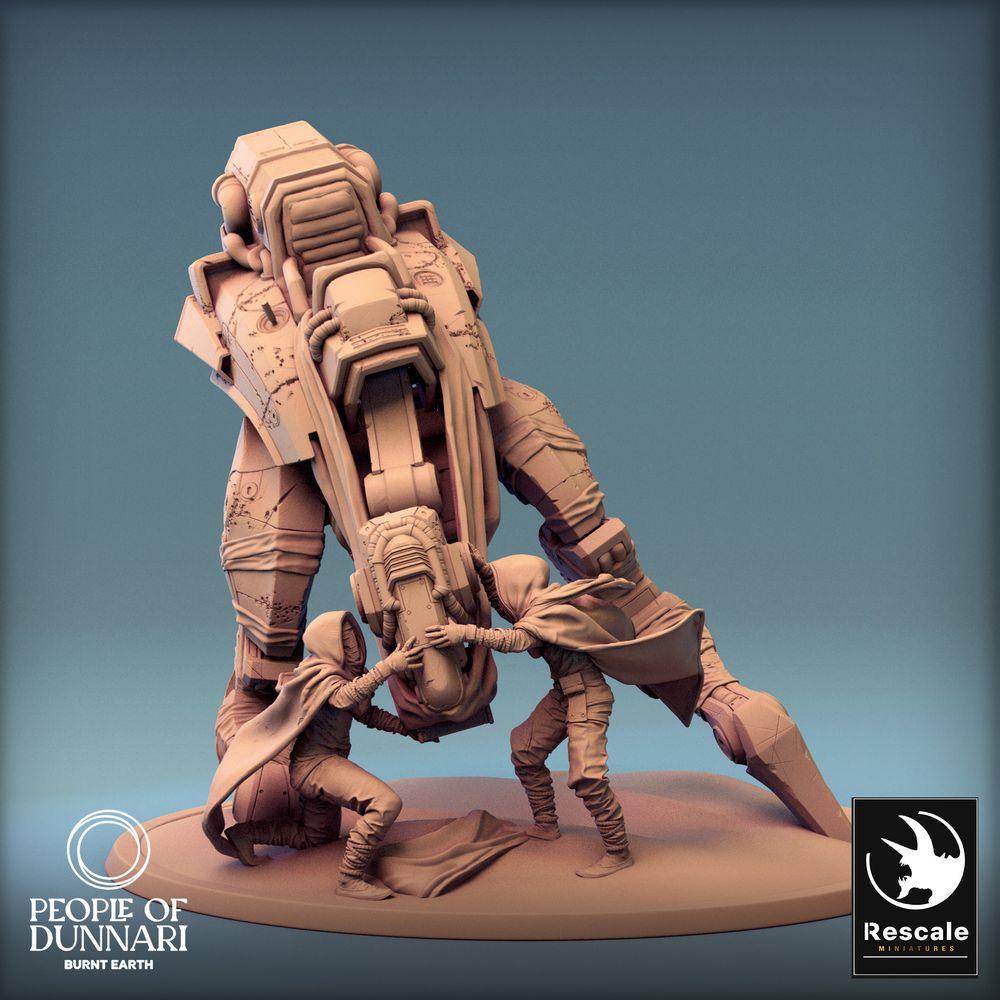 Photo de produit Tabletop 28mm Lord of the Print (LotP) 0 : Miniature Tabletop : Mech Walker Sci‑Fi avec mécaniciens Tech‑Kult - Équipe de maintenance de Warwalker, Récupérateur, Marqueur d'objectif, Diorama (24_03_B1)