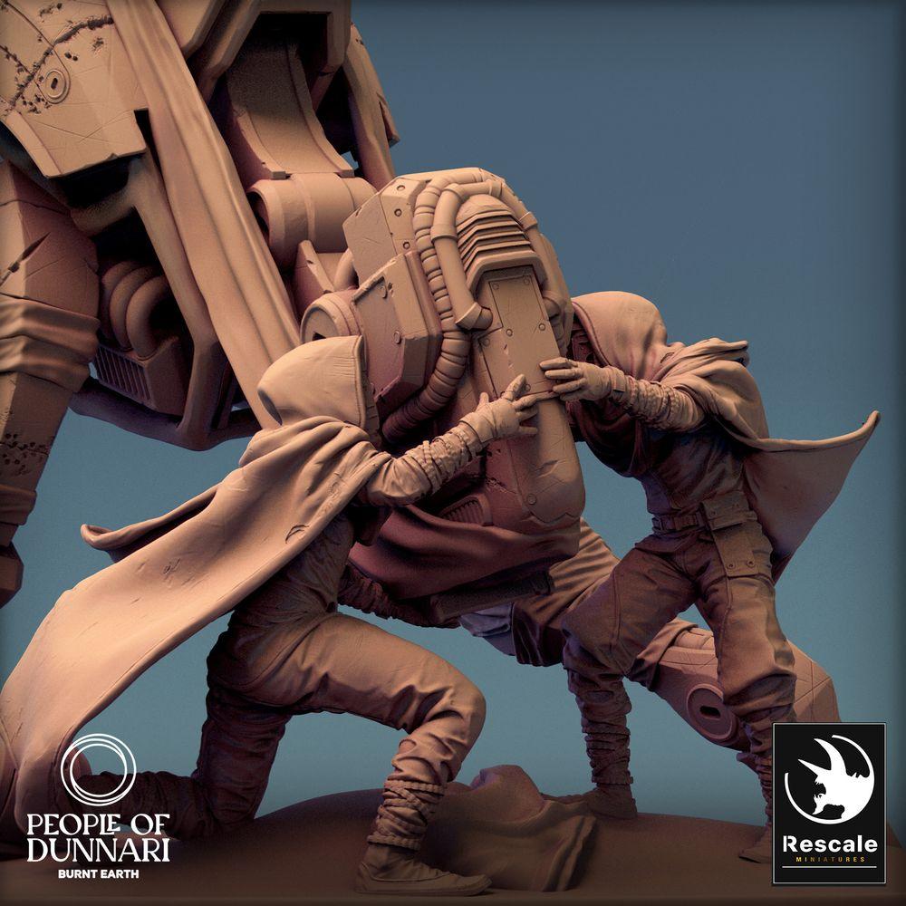 Photo de produit Tabletop 28mm Lord of the Print (LotP) 0 : Miniature Tabletop : Mech Walker Sci‑Fi avec mécaniciens Tech‑Kult - Équipe de maintenance de Warwalker, Récupérateur, Marqueur d'objectif, Diorama (24_03_B1)