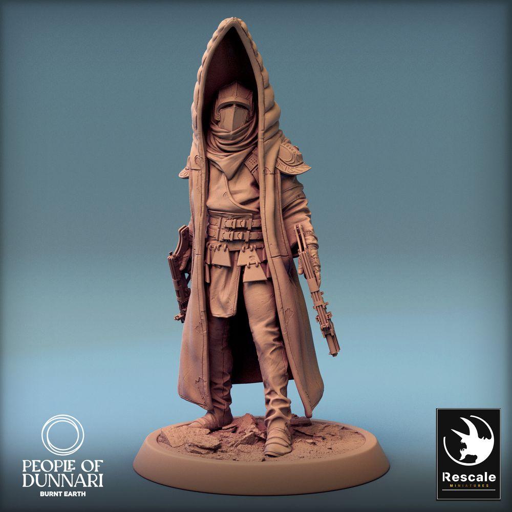 Photo de produit Tabletop 28mm Lord of the Print (LotP) 0 : Figurine Sci‑Fi : Ranger du désert post-apocalyptique, Chasseur de primes / Tireur - Leader de tempête de sable avec pistolet et carabine (24_03_H8)