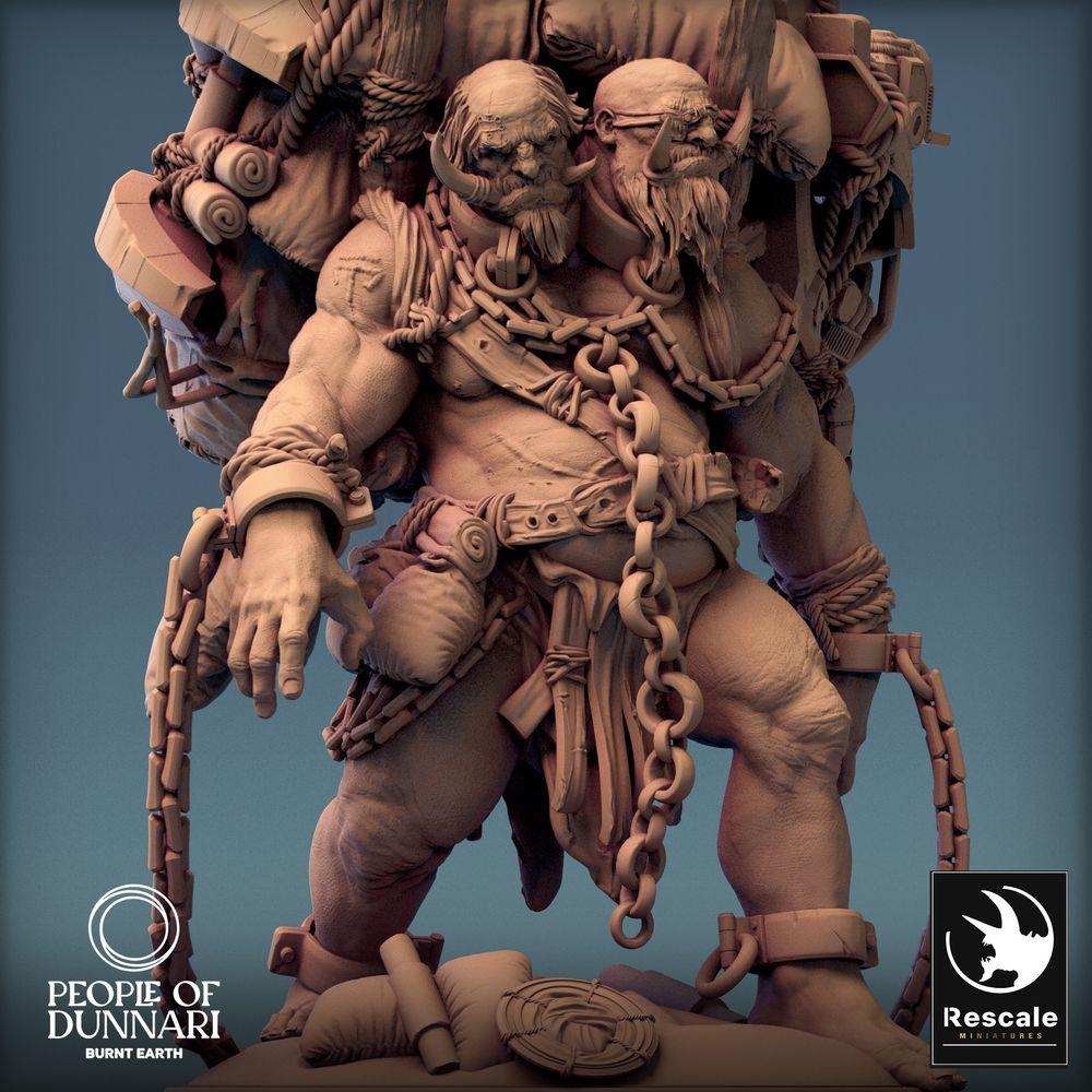 Photo du produit Tabletop 28mm Lord of the Print (LotP) 0 : Miniature Tabletop : Ogre à deux têtes Ettin - Packriese, collectionneur de déchets post-apocalyptique avec armes à chaîne (24_03_I2)