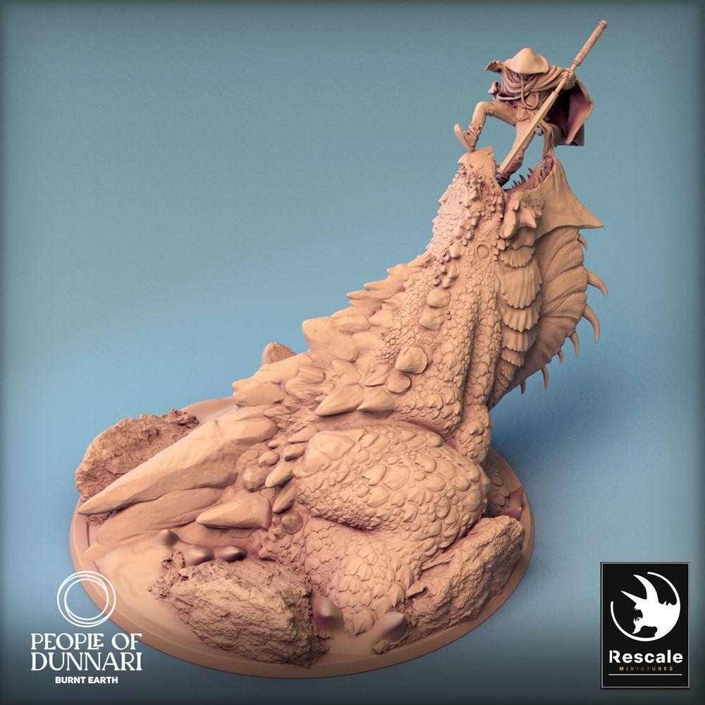 Photo de produit Tabletop 28mm Lord of the Print (LotP) 0 : Miniature Tabletop : Chasseur de dragons sur crâne de wyverne, combattant à la lance et dompteur de bêtes, diorama de boss monstre (24_03_K2)