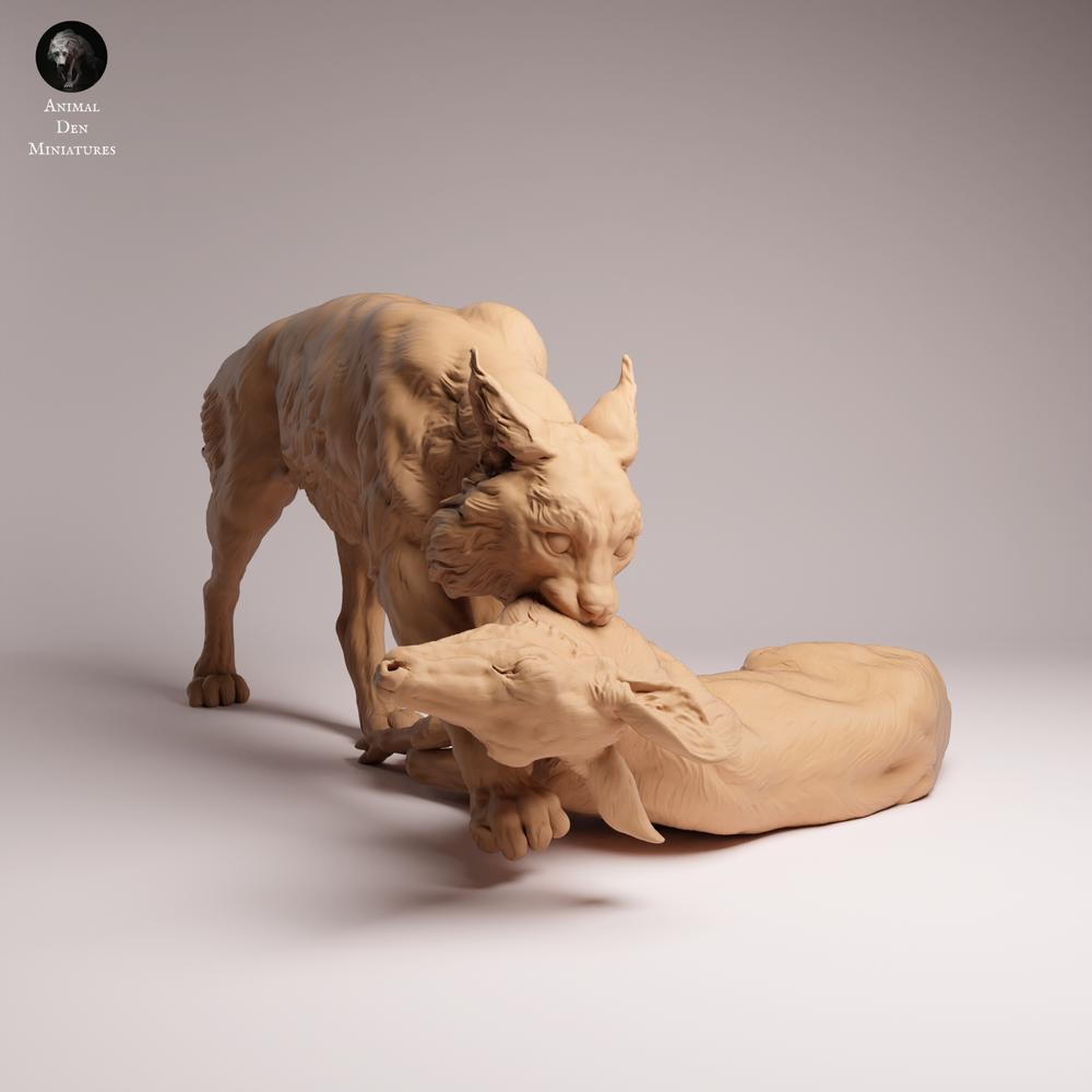Photo du produit Tabletop 28mm Lord of the Print (LotP) 2 : figurine d’animal sauvage : lynx eurasien avec proie (26_07_03)