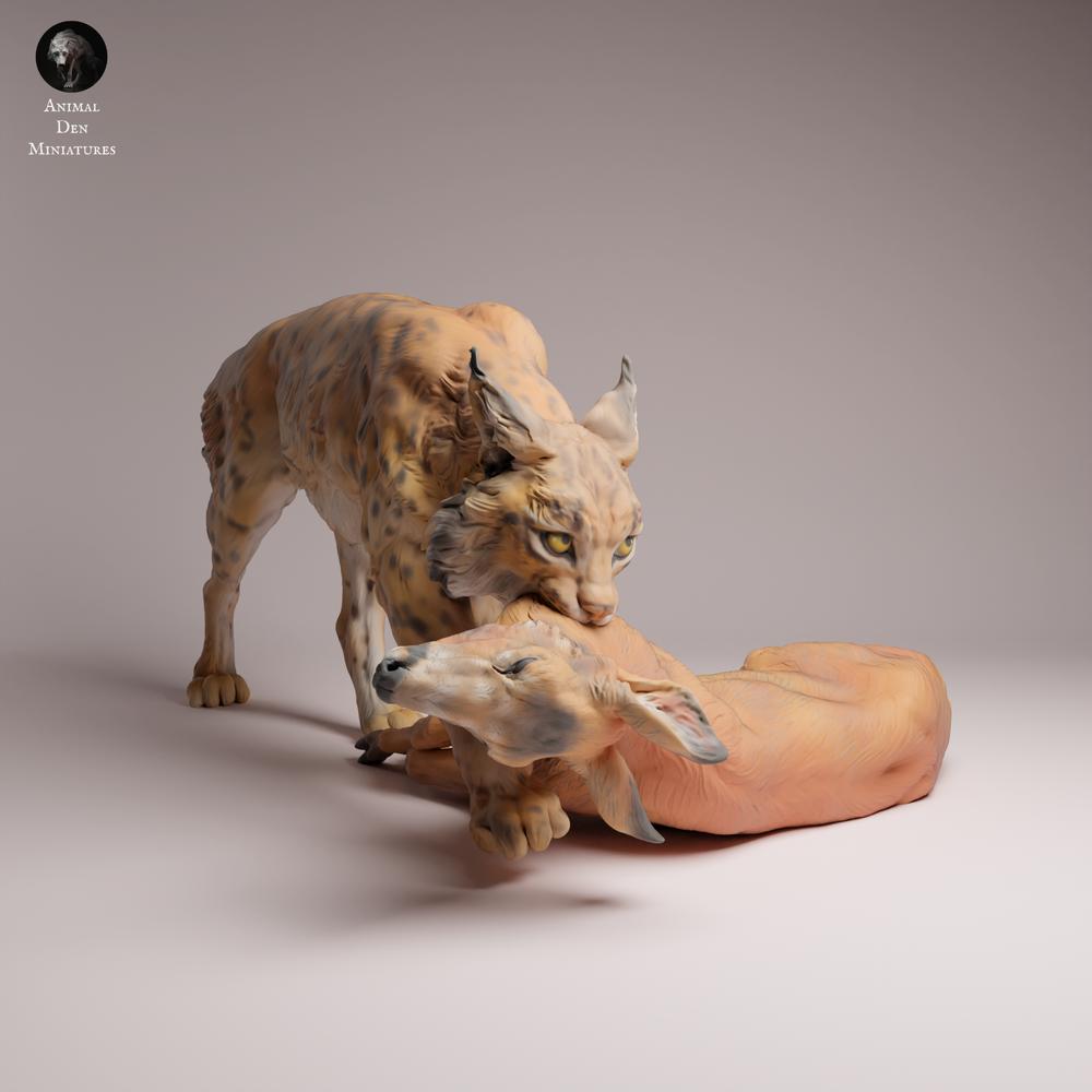 Photo du produit Tabletop 28mm Lord of the Print (LotP) 3 : figurine d’animal sauvage : lynx eurasien avec proie (26_07_03)