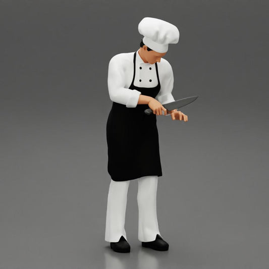 Diorama modélisme photo produit 0 : Miniature diorama : chef cuisinier debout en tenue professionnelle avec un couteau de cuisine (Ref Nr. A49)