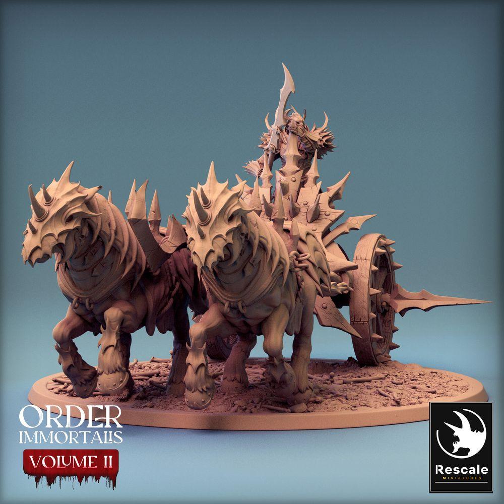 Produktfoto Tabletop 28mm Lord of the Print (LotP) 0: Tabletop Miniatur: Dunkler Kriegsherr auf Streitwagen, Dämonenfürst und Glevenkrieger, Wargaming Chariot mit Zugbestien (24_02_I)