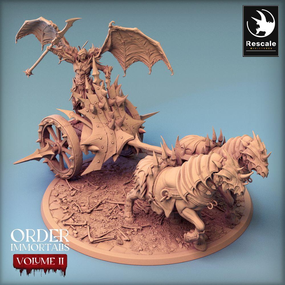 Photo de produit Tabletop 28mm Lord of the Print (LotP) 0 : Miniature Tabletop : Seigneur des démons sur char de guerre avec bêtes de traîne - guerrier infernal ailé, seigneur de guerre sombre, Char de guerre démoniaque (24_02_J)