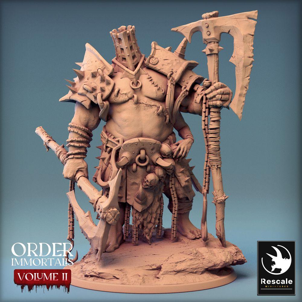 Photo de produit Tabletop 28mm Lord of the Print (LotP) 0 : Figurine Fantasy : Eradicus, chef barbare berserker avec hache à deux mains, combattant à la hache avec casque en cage, miniature de boss (24_02_F3)