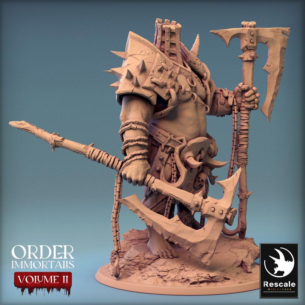 Photo de produit Tabletop 28mm Lord of the Print (LotP) 0 : Figurine Fantasy : Eradicus, chef barbare berserker avec hache à deux mains, combattant à la hache avec casque à cage, miniature boss (24_02_F3)