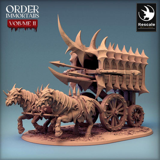 Image de produit Tabletop 28mm Lord of the Print (LotP) 0 : Miniature Tabletop : Chariot de démons tiré par des bêtes avec baliste, machine de guerre et de siège, chariot à cage - Scorpio Run (24_02_B1)