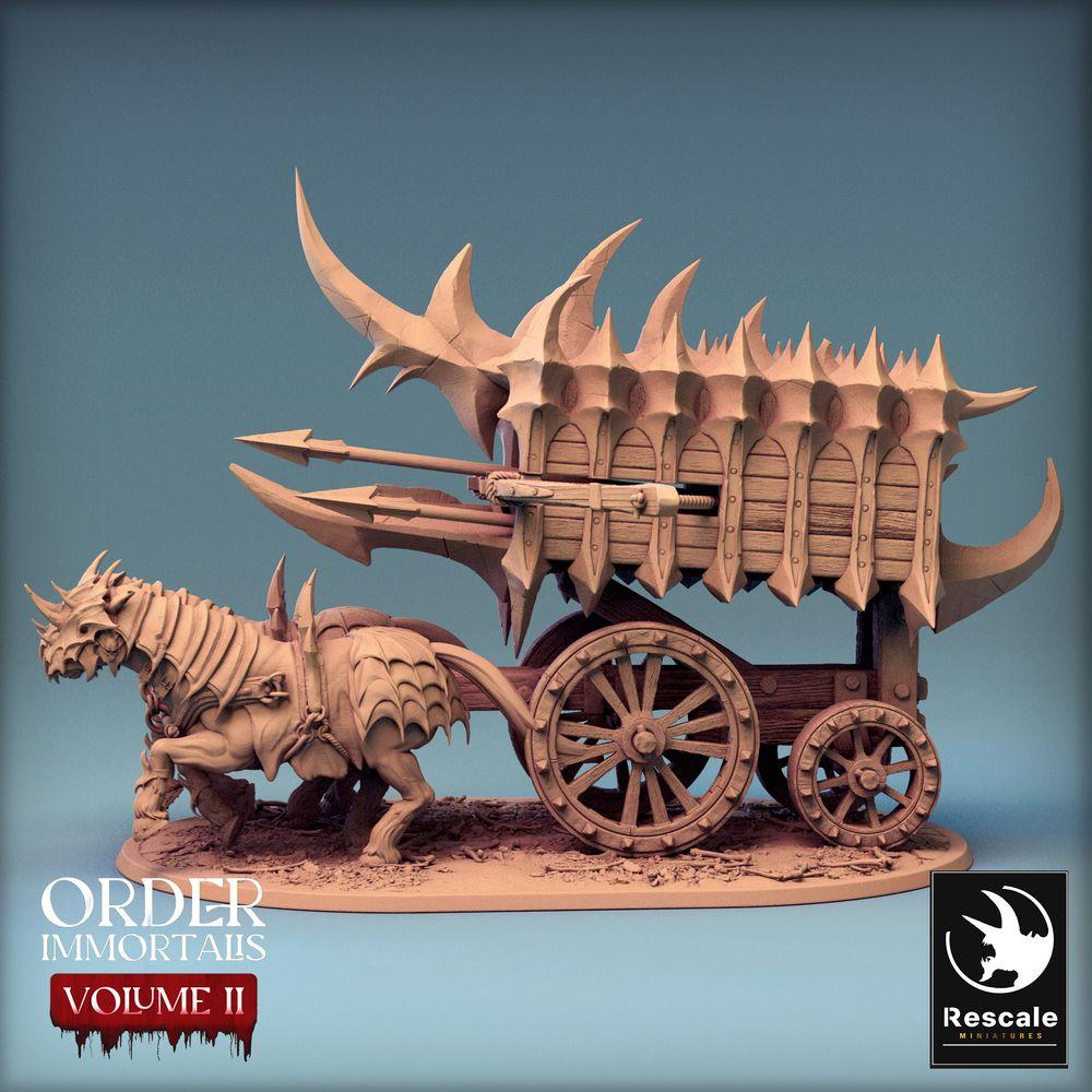 Image produit Tabletop 28mm Lord of the Print (LotP) 0 : Miniature Tabletop : Chariot de démons tiré par des bêtes avec baliste, machine de guerre et de siège, chariot à cage - Scorpio Run (24_02_B1)