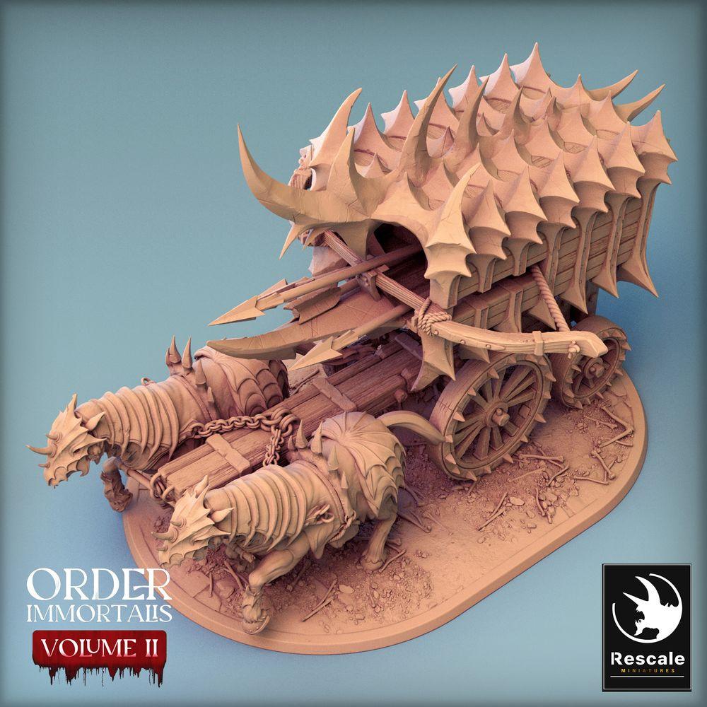Image du produit Tabletop 28mm Lord of the Print (LotP) 0 : Miniature Tabletop : Chariot de démons tiré par des bêtes avec baliste, machine de guerre et de siège, chariot à cage - Scorpio Run (24_02_B1)
