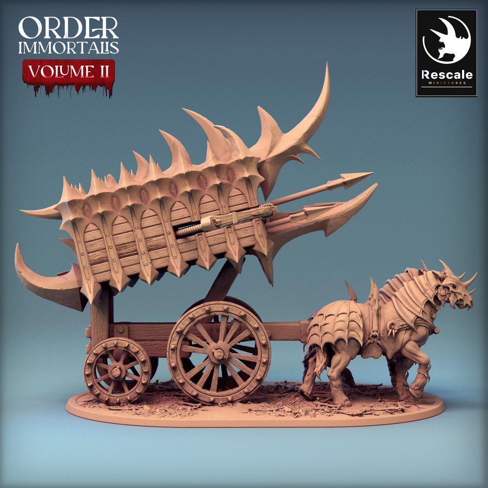 Photo de produit Tabletop 28mm Lord of the Print (LotP) 0 : Miniature Tabletop : Chariot démoniaque Scorpio - chariot de guerre tiré par des bêtes avec baliste à harpons, chariot à piques (24_02_B2)