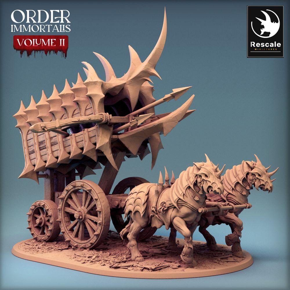 Photo de produit Tabletop 28mm Lord of the Print (LotP) 0 : Miniature Tabletop : Chariot démoniaque Scorpio - chariot de guerre tiré par des bêtes avec baliste à harpons, chariot à piques (24_02_B2)