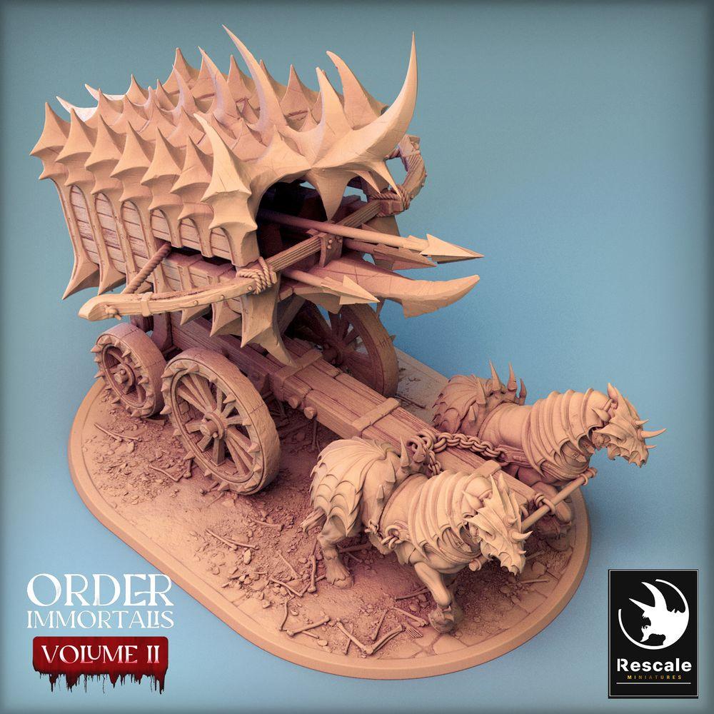 Photo de produit Tabletop 28mm Lord of the Print (LotP) 0 : Miniature Tabletop : Chariot démoniaque Scorpio Chariot - chariot de guerre tiré par des bêtes avec baliste à harpons, chariot à piques (24_02_B2)