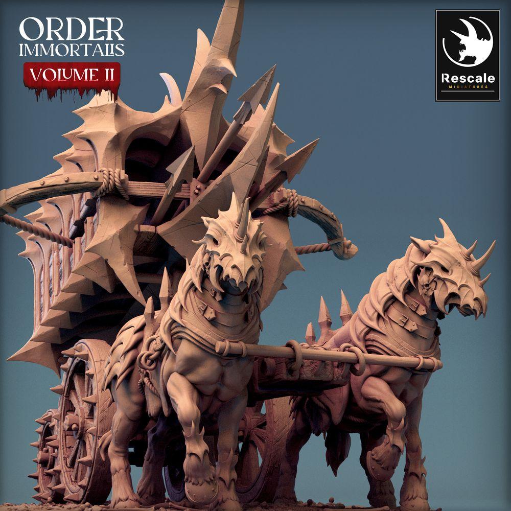 Photo du produit Tabletop 28mm Lord of the Print (LotP) 0 : Miniature Tabletop : Char démoniaque Scorpio Chariot - char de guerre tiré par des bêtes avec baliste à harpons, char à piques (24_02_B2)