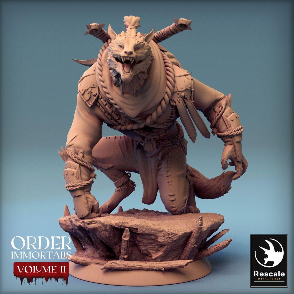 Photo de produit Tabletop 28mm Lord of the Print (LotP) 0 : Miniature Tabletop : Chef des loups-garous - Champion lycanthrope avec deux épées dans le dos, Werewolf Chief (24_02_C2)