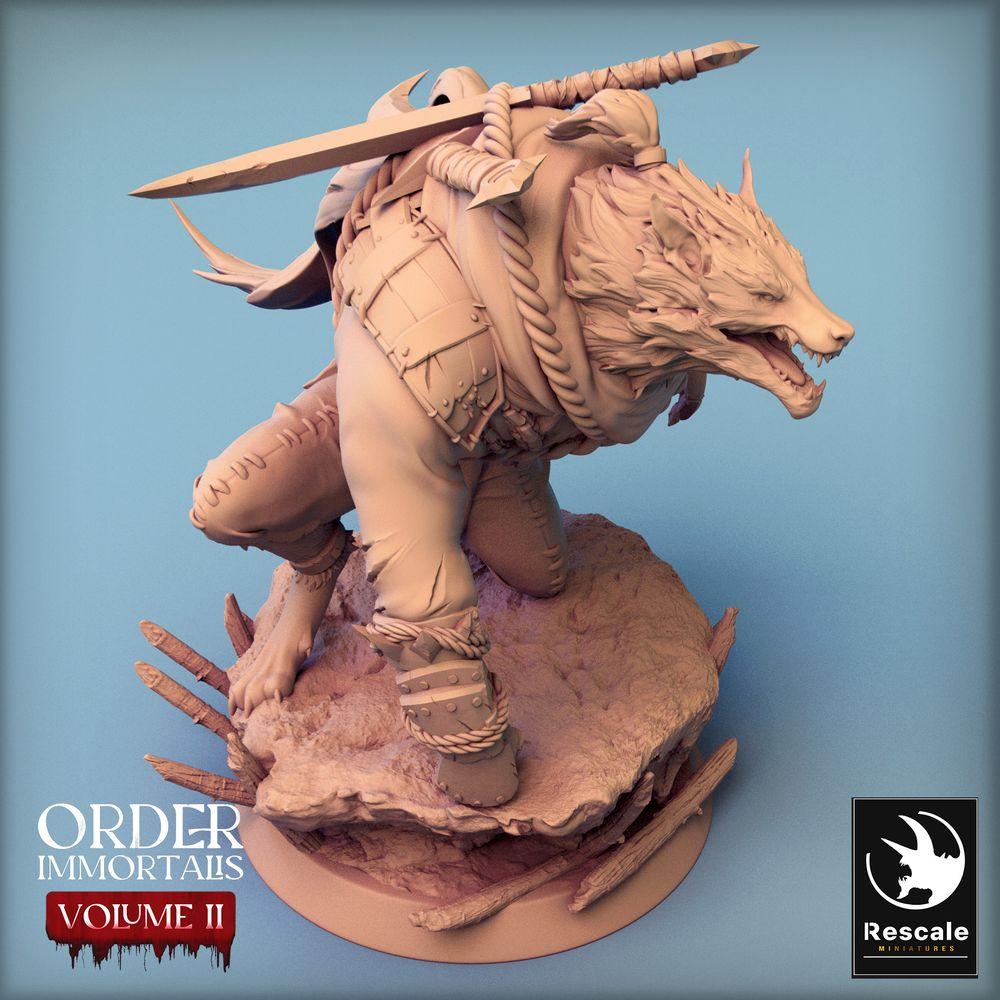 Photo de produit Tabletop 28mm Lord of the Print (LotP) 0 : Miniature Tabletop : Chef des loups-garous - Champion lycanthrope avec deux épées dans le dos, Werewolf Chief (24_02_C2)