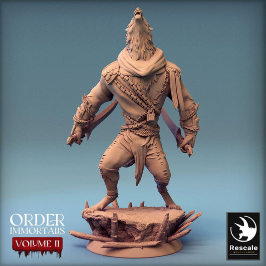 Photo du produit Tabletop 28mm Lord of the Print (LotP) 0 : Miniature Tabletop : Guerrier Loup-Garou - Lycanthrope hurlant, barbare et duelliste avec deux lames courbées (Hurlement de Loup-Garou) (24_02_C4)