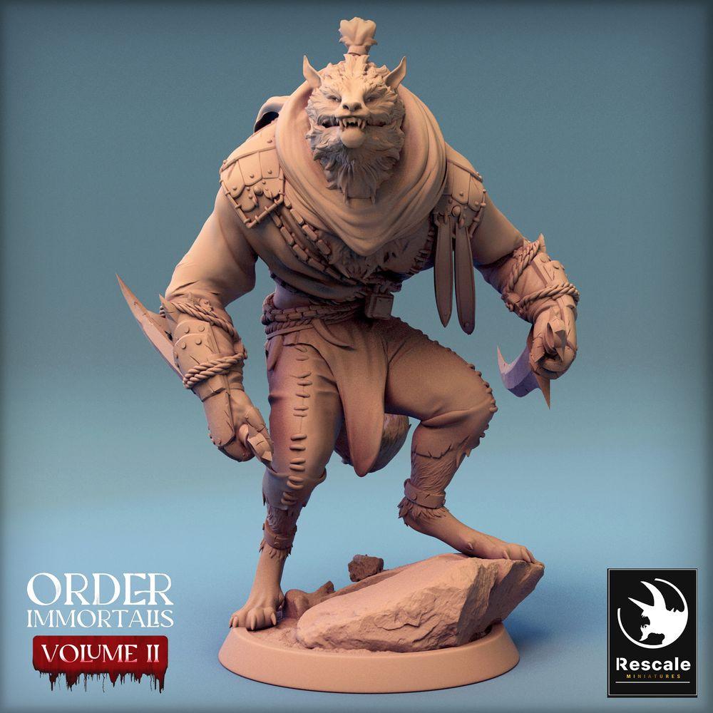 Photo de produit Tabletop 28mm Lord of the Print (LotP) 0 : Miniature Tabletop : Homme-bête / Guerrier Loup-garou, Assassin Félins avec deux cimeterres, Gnoll Voleur en position de parade (24_02_C7)