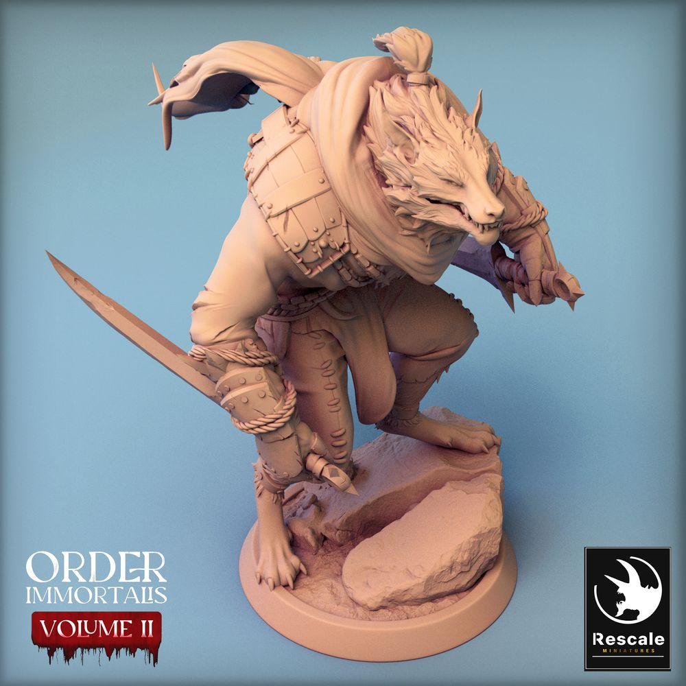 Photo de produit Tabletop 28mm Lord of the Print (LotP) 0 : Miniature Tabletop : Homme-bête / Guerrier Loup-garou, Assassin Félin avec deux cimeterres, Gnoll Voleur en position de parade (24_02_C7)