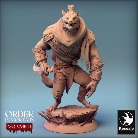 Photo de produit Tabletop 28mm Lord of the Print (LotP) 0 : Miniature Tabletop : Barbare Loup-Garou avec Sabre Courbe / Barbare Loup-Garou, Chef Gnoll, Guerrier Bête (24_02_C9)
