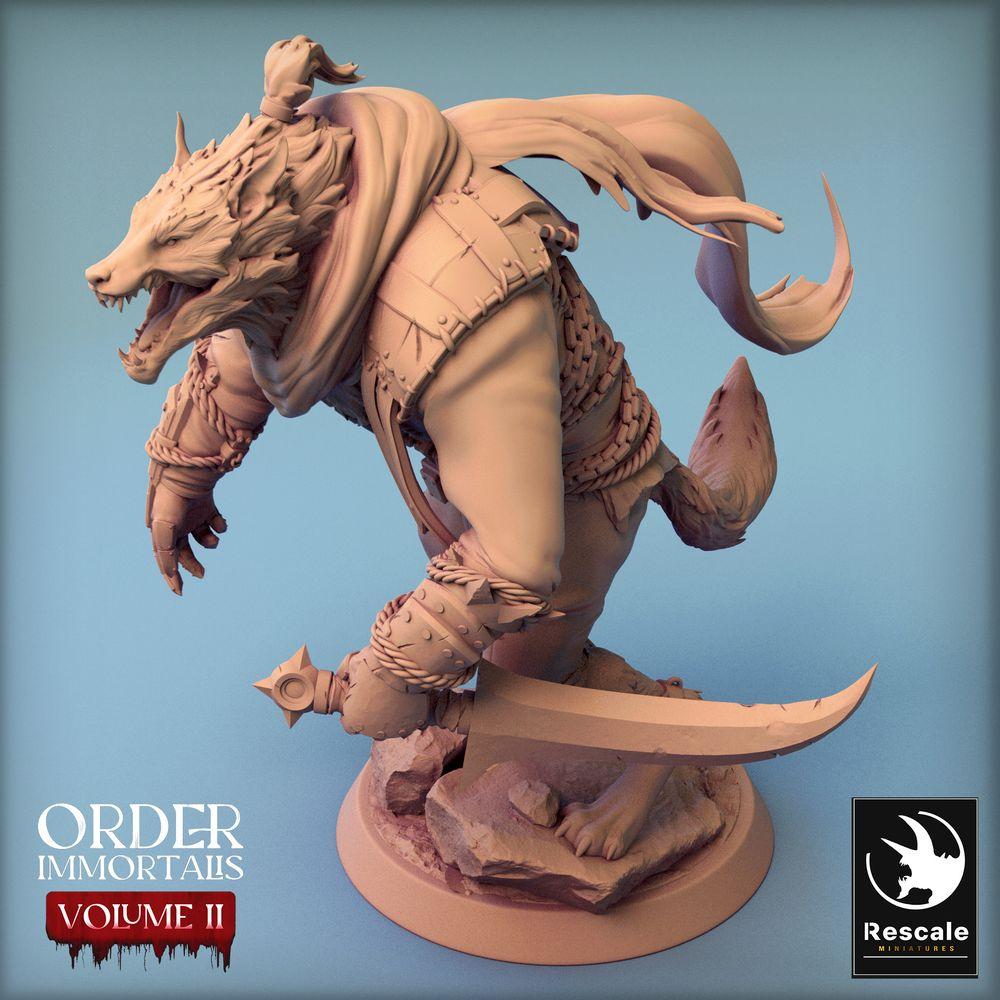 Photo de produit Tabletop 28mm Lord of the Print (LotP) 0 : Miniature Tabletop : Loup-garou voleur avec sabre courbé, barbare homme-animal, assassin chacal, chef de combat (24_02_C10)