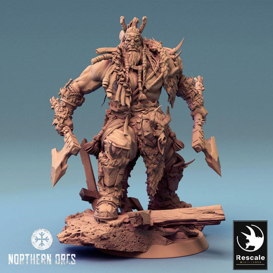 Image du produit Tabletop 28mm Lord of the Print (LotP) 0 : Miniature Tabletop : Ork Berserker, Chef de guerre Ork, combattant à deux haches (24_04_E1)