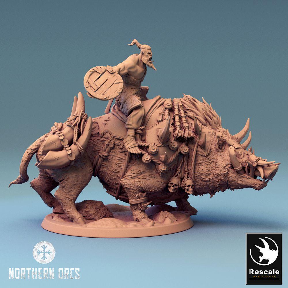 Photo de produit Tabletop 28mm Lord of the Print (LotP) 0 : Miniature Tabletop : Seigneur Ork sur Sanglier - Orc Warlord, Cavalier de Sanglier, Bestienreiter avec hache et bouclier rond (24_04_T)