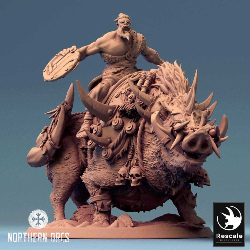 Photo de produit Tabletop 28mm Lord of the Print (LotP) 0 : Miniature Tabletop : Seigneur Ork sur Sanglier - Orc Warlord, Cavalier de Sanglier, Bête à hache et bouclier rond (24_04_T)
