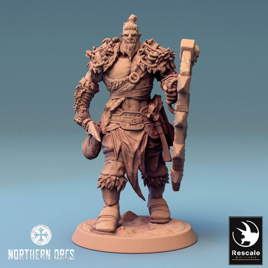 Photo de produit Tabletop 28mm Lord of the Print (LotP) 0 : Miniature Tabletop : Guerrier Orque avec bouclier et hache, Orc Warrior, Porteur de bouclier, Seigneur de guerre (24_04_G1)