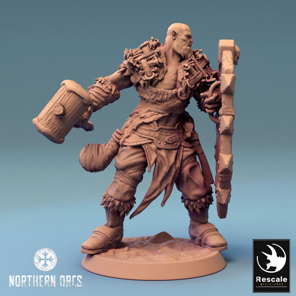 Photo de produit Tabletop 28mm Lord of the Print (LotP) 0 : Miniature Tabletop : Guerrier Ork, Porte-bouclier avec grand bouclier et massue, combattant au corps à corps, Porte-bouclier Orc (24_04_I1)
