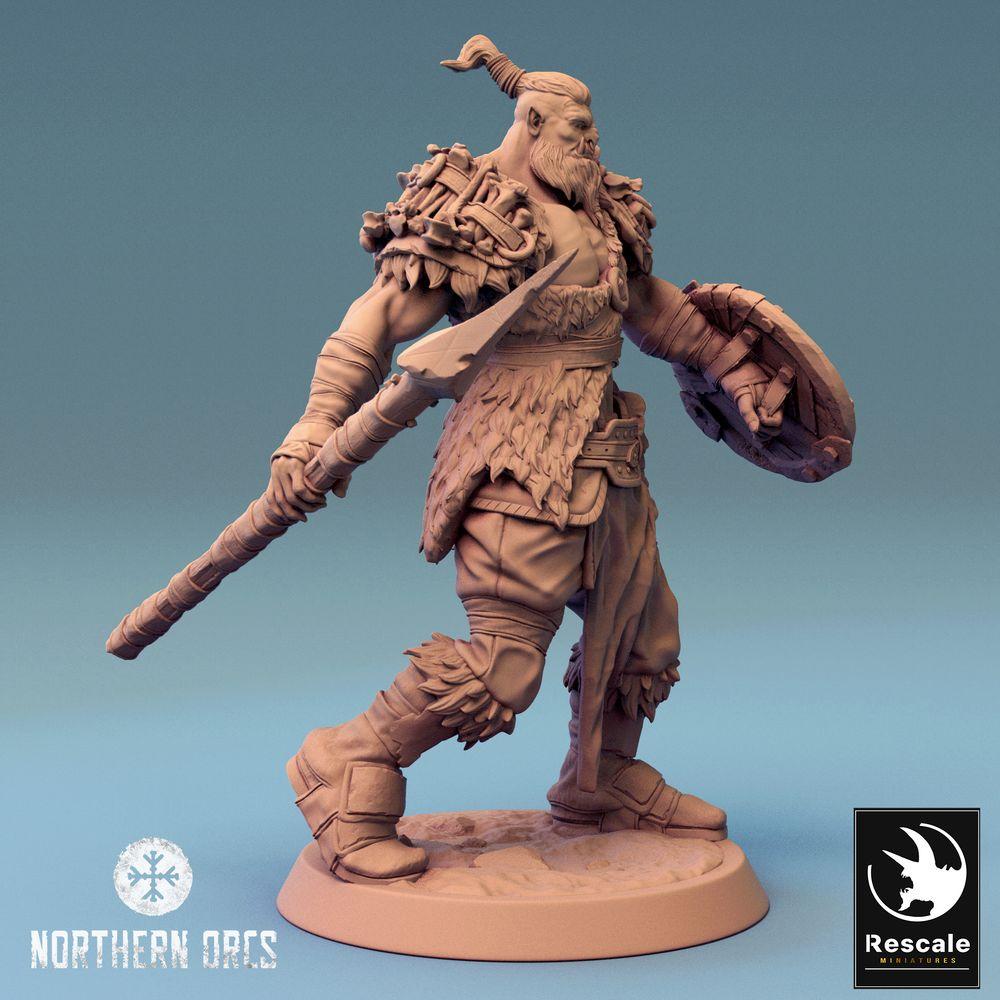 Photo de produit Tabletop 28mm Lord of the Print (LotP) 0 : Miniature Tabletop : Orque Porte-spear avec Bouclier Rond, Orque Lanceur, Orque Guerrier, Guerrier de Tribu, Porte-bouclier (24_04_K2)