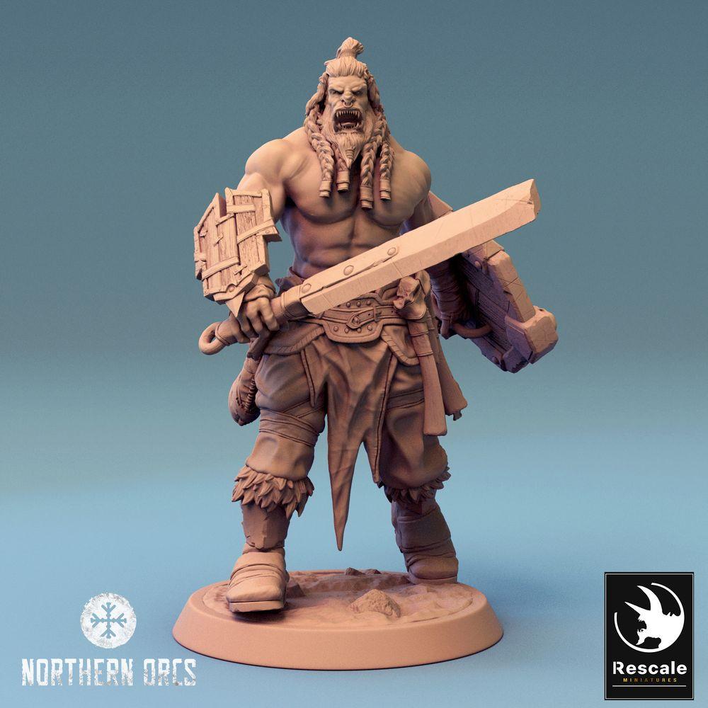 Photo de produit Tabletop 28mm Lord of the Print (LotP) 0 : Miniature Tabletop : Guerrier Ork - barbare hurlant avec épée à deux mains et bouclier, Berserker (24_04_J1)