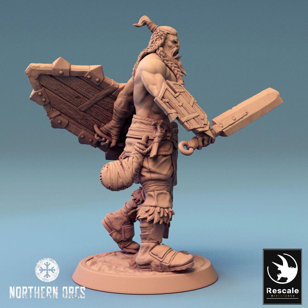 Photo de produit Tabletop 28mm Lord of the Print (LotP) 0 : Miniature Tabletop : Guerrier Ork - barbare hurlant avec épée à deux mains et bouclier, Berserker (24_04_J1)